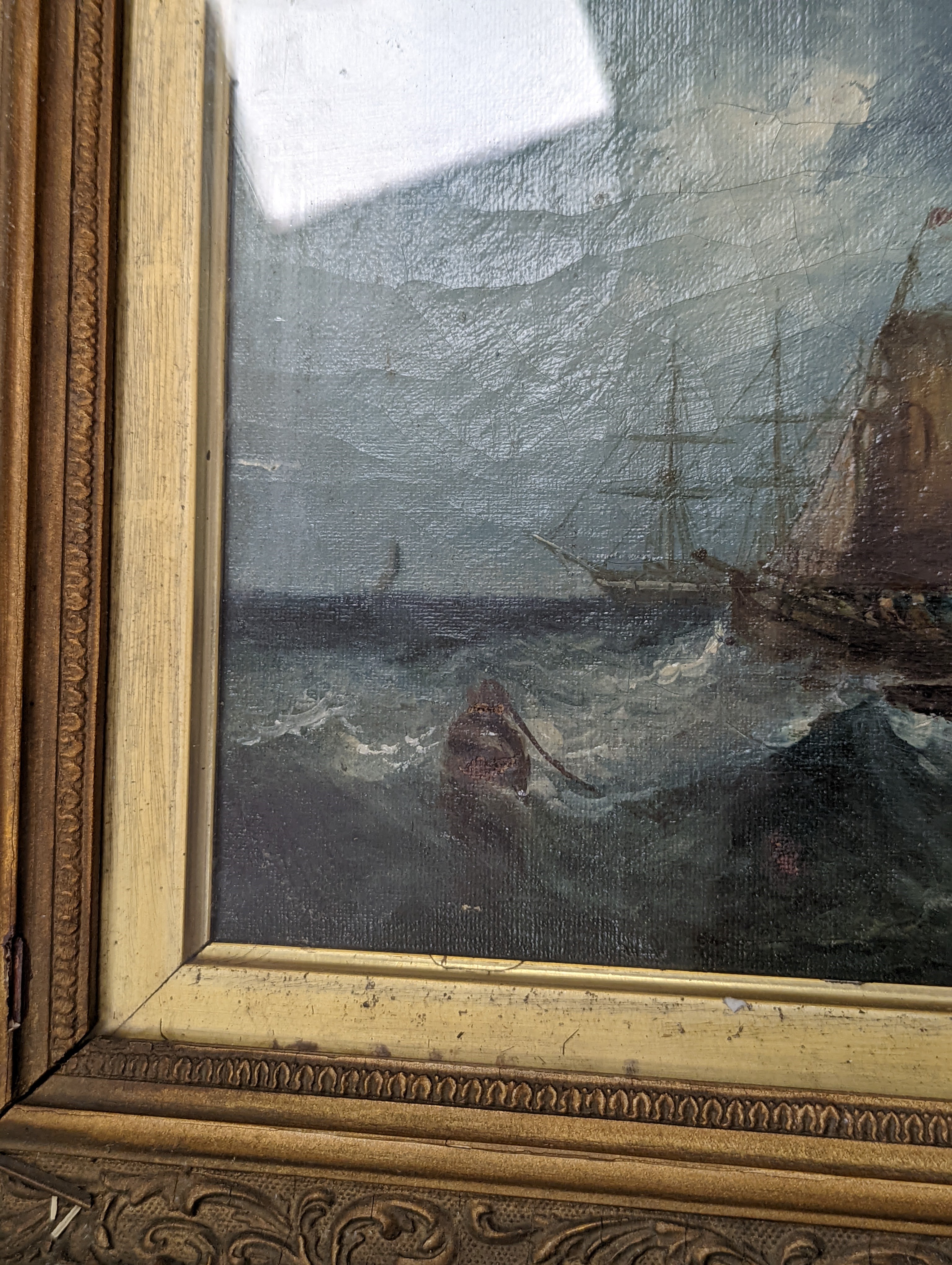 19th century English School, oil on canvas, Shipping off the coast, 19 x 28cm